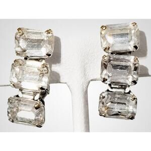 Vintage Rhinestone Clip On Earrings Marquis Cut Silver Mid Century .75" wc-53